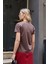 Kadın V Yaka Kısa Kol Likralı Span Kumaş Şık T-Shirt Bluz-Kahve 4