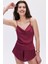 Caché Saten Bordo Degaje Yaka Askılı Kısa Pijama Takım 1