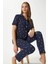 Kadın Mia Yumuşak Doku Lacivert Kalp Desen Ön Düğmeli Kısa Kollu Pijama Takımı 4