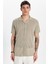 Erkek Slim Fit Örme Kumaş Apaş Yaka Rahat Kullanım Kısa Kol Bej Gömlek 4