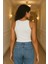 Kadın Beyaz Fitilli Görünümlü Askılı Kalın Esnek Örme Basic Crop Atlet Bluz 6