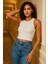 Kadın Beyaz Fitilli Görünümlü Askılı Kalın Esnek Örme Basic Crop Atlet Bluz 4