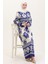 Desenli Viskon Elbise 0006-06 Indigo Bej 3