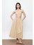 Bej %100 Cotton Volanlı Midi Etek 2