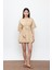 Bej %100 Cotton Beli Kemerli Mini Elbise 1