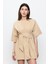 Bej %100 Cotton Beli Kemerli Mini Elbise 2
