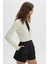 Ekru Fermuarlı Crop Triko Hırka 2