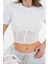Beyaz Tül Detaylı Fitilli Örme Crop Bluz 2