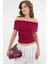 Bordo Madonna Yaka Omzu Açık Fitilli Örme Crop Bluz 1