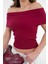 Bordo Madonna Yaka Omzu Açık Fitilli Örme Crop Bluz 2