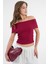 Bordo Madonna Yaka Omzu Açık Fitilli Örme Crop Bluz 4