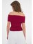 Bordo Madonna Yaka Omzu Açık Fitilli Örme Crop Bluz 5