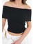 Siyah Madonna Yaka Omzu Açık Fitilli Örme Crop Bluz 2