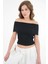 Siyah Madonna Yaka Omzu Açık Fitilli Örme Crop Bluz 4