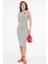 Gri Bisiklet Yaka Kalp Baskılı Fitilli Bodycon Örme Midi Elbise 5