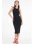 Siyah Bisiklet Yaka Kalp Baskılı Fitilli Bodycon Örme Midi Elbise 1