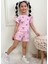 Pjkskt Kalp Fiyonk Desen Pembe Fitilli Kumaş Fırfırlı Kollu Şortlu Kız Çocuk Kısa Kol Takım 7633-P 1