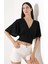 Nola Kadın Kruvaze Volan Kollu Ajur Jakarlı Crop Top & Bluz & Penye Bluz - Siyah 1