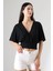 Nola Kadın Kruvaze Volan Kollu Ajur Jakarlı Crop Top & Bluz & Penye Bluz - Siyah 3
