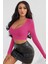 Kadın Fuşya Uzun Kol Kare Yaka Crop Top Bluz 5