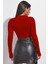 Kadın Kırmızı Göğüs Dekolteli Uzun Kollu Cut Out Crop Top Bluz 2