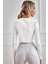 Kadın Beyaz Uzun Kollu Önden Bağlama Detaylı Crop Top Bluz 2