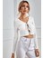 Kadın Beyaz Uzun Kollu Önden Bağlama Detaylı Crop Top Bluz 4
