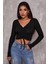 Kadın Siyah Uzun Kollu Büzdürme Bağcık Detaylı Crop Top Bluz 1