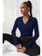 Kadın Lacivert Uzun Kol Fermuarlı Parmak Geçme Detaylı Dik Yaka Crop Top Bluz 1