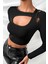 Kadın Siyah Göğüs Dekolteli Çapraz Askılı Uzun Kollu Crop Top Bluz 1