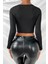 Kadın Siyah Göğüs Dekolteli Çapraz Askılı Uzun Kollu Crop Top Bluz 2
