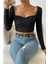 Kadın Siyah Uzun Kol Göğüs Dekolteli Şık Crop Top Bluz 3