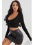 Kadın Siyah Uzun Kol Kare Yaka Crop Top Bluz 4