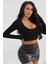 Kadın Siyah Uzun Kol Kare Yaka Crop Top Bluz 5