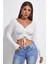 Kadın Beyaz Uzun Kollu Büzdürme Bağcık Detaylı Crop Top Bluz 1