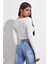 Kadın Beyaz Uzun Kollu Büzdürme Bağcık Detaylı Crop Top Bluz 2