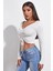 Kadın Beyaz Uzun Kollu Büzdürme Bağcık Detaylı Crop Top Bluz 4