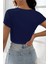 Kadın Lacivert Yarım Kol Düz Yaka Crop Top Bluz 2