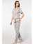 Yaprak Desenli Kısa Kollu Gömlek Yaka Pijama Takımı 3395/GRI 5