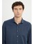 Erkek Lacivert Slim Fit Dar Kesim Italyan Yaka Armürlü Gömlek 4