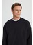 Erkek Siyah Oversize Bol Kesim 3 Iplik Bisiklet Yaka Pamuklu Sweatshirt 4