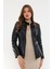 Basics&more Kadın Fermuar Detaylı Koyu Mavi Deri Ceket - B16 1