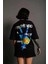 Unisex Bisiklet Yaka Baskılı Oversize T-Shirt - Siyah 4