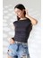 Kayık Yaka Japone Kol Büzgülü Basic Kolsuz Kadın T-Shirt 21895 Füme 1