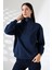 Fermuarlı Gömlek Yaka Oversize Geniş Salaş Basic Kadın Sweatshirt 21971 Lacivert 3