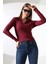 Düğmesiz Gömlek Yaka Uzun Kol Basic Kadın T-Shirt 21938 Bordo 3