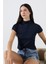 Yumuşak Dokulu Kendiliğinden Kollu Dik Yaka Basic Crop Kadın T-Shirt 22002 Lacivert 2