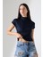 Yumuşak Dokulu Kendiliğinden Kollu Dik Yaka Basic Crop Kadın T-Shirt 22002 Lacivert 3
