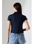 Yumuşak Dokulu Kendiliğinden Kollu Dik Yaka Basic Crop Kadın T-Shirt 22002 Lacivert 4