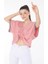 V Yaka Önü Büzgülü Detay Kısa Kol Crop Dökümlü Oversized Pembe Bluz 1